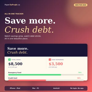 May include: A digital financial tracker with the text "Save more. Crush debt." The interface displays savings and debt remaining, with progress bars for emergency funds and credit cards. The app is compatible with iPhone, iPad, Mac, PC, and Android.