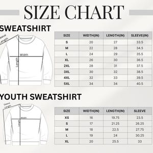 May include: Size chart for sweatshirts and youth sweatshirts, with measurements in inches. The chart includes sizes, widths, lengths, and sleeve lengths for adult and youth sizes. The text "SIZE CHART" is at the top.
