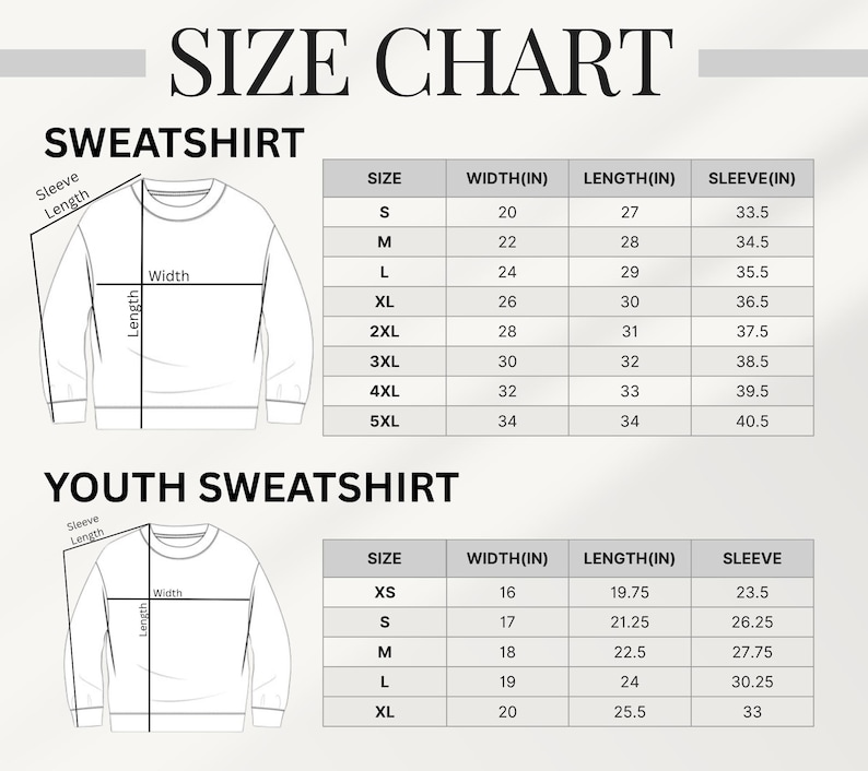 May include: Size chart for sweatshirts and youth sweatshirts, with measurements in inches. The chart includes sizes, widths, lengths, and sleeve lengths for adult and youth sizes. The text "SIZE CHART" is at the top.