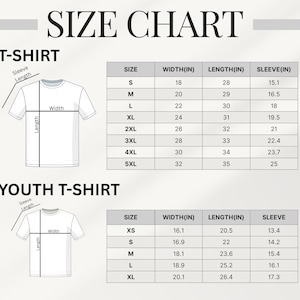 May include: A t-shirt and youth t-shirt size chart. Measurements are in inches for width, length, and sleeve length. Adult sizes range from S to 5XL, and youth sizes from XS to XL. The chart includes diagrams of the shirts with measurement labels. The text "SIZE CHART" is at the top.