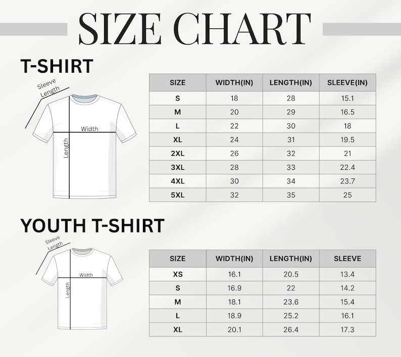 May include: A t-shirt and youth t-shirt size chart. Measurements are in inches for width, length, and sleeve length. Adult sizes range from S to 5XL, and youth sizes from XS to XL. The chart includes diagrams of the shirts with measurement labels. The text "SIZE CHART" is at the top.