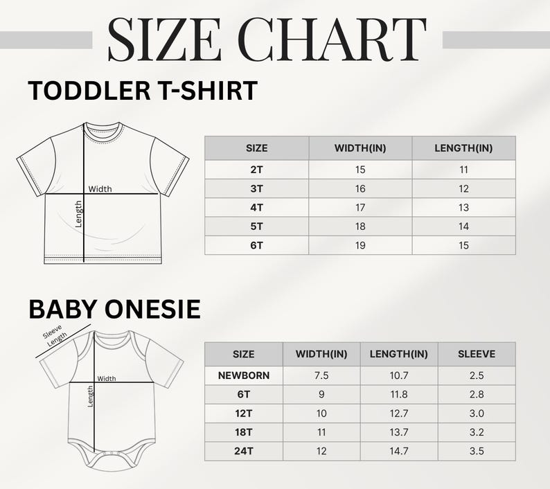 May include: Size chart for toddler t-shirts and baby onesies. The chart includes sizes, widths in inches, lengths in inches, and sleeve lengths in inches for baby onesies. The text "SIZE CHART" is at the top.