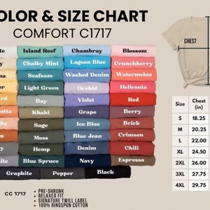 May include: Color and size chart for Comfort C1717 t-shirts. The chart displays a variety of colours, including white, ivory, and banana. A size chart shows chest and length measurements in inches for sizes S to 4XL. The shirt is made of 100% ringspun cotton.