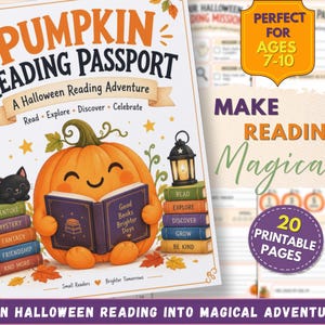 May include: A spiral-bound Pumpkin Reading Passport book with a Halloween theme. The cover features a smiling orange pumpkin reading a book, a black cat, stacks of colorful books, and a lantern. Text includes Pumpkin Reading Passport.