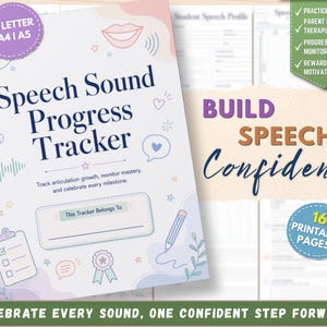 Peut inclure: Un carnet de suivi Speech Sound Progress Tracker à reliure spirale avec une couverture blanche illustrée de motifs pastel : bouche, bulles de parole, presse-papiers et crayon. Le texte indique Speech Sound Progress Tracker, This Tracker Belongs To et Build Speech Confidence. Comprend 16 pages imprimables aux formats US Letter, A4 et A5.