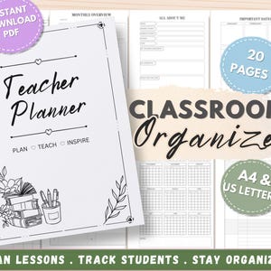 Op de afbeelding: Een spiraalgebonden lerarenplanner met een witte kaft met zwarte lijntekeningen van boeken, bloemen en potloden. De tekst luidt Teacher Planner, Plan Teach Inspire en Classroom Organizer. Bevat 20 pagina's in A4- en US Letter-formaat voor planning.