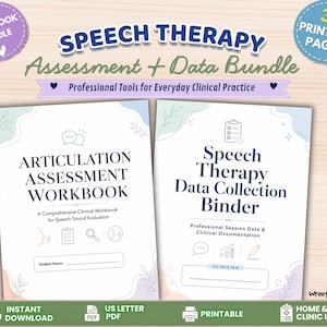 May include: A speech therapy assessment and data bundle featuring two printable workbooks. The covers display the text Articulation Assessment Workbook and Speech Therapy Data Collection Binder, with icons for clinical documentation and 32 pages total.