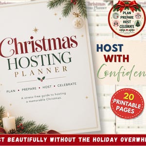 Può includere: Un planner natalizio con rilegatura a spirale, copertina color crema, testo rosso e verde, rami di pino, una candela e stelle dorate. La copertina riporta: Christmas Hosting Planner, Plan Prepare Host Celebrate e A stress-free guide to hosting a memorable Christmas.