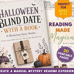Puede incluir: Una guía de actividades de Halloween Blind Date with a Book encuadernada en espiral con ilustraciones de calabazas, hojas y un regalo envuelto. La portada incluye el texto "Halloween Blind Date with a Book" y "20 Printable Pages" en un círculo morado.