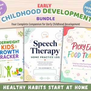 May include: An Early Childhood Development bundle featuring three workbooks: Underweight Kids Growth Tracker, Speech Therapy Home Practice Log, and Picky Eater Food Tracker. The set includes 45 printable pages with colorful illustrations and text.