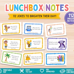 Può includere: Un set di note stampabili per portapranzo con 112 barzellette, bordi colorati e illustrazioni. Ogni carta mostra una domanda e una risposta, inclusi temi come una matita, un libro di matematica, un'ape, un gatto e una palma.