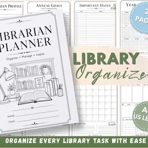 May include: A spiral-bound librarian planner with a white cover featuring a black line drawing of a bookshelf, a desk lamp, and an open book. The text reads Librarian Planner, Organize, Manage, Inspire, Name, and Year. Includes 20 pages in A4 and US Letter sizes.