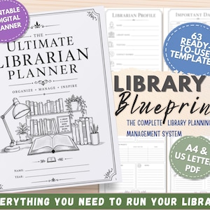 Op de afbeelding: Een spiraalgebonden planner getiteld The Ultimate Librarian Planner met een zwart-witte lijntekening van een bureau, boeken en een lamp. Het bevat 63 kant-en-klare sjablonen, A4- en US Letter PDF-formaten en secties voor bibliothecarisprofielen.