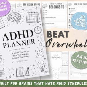 May include: A spiral-bound ADHD planner with a white cover featuring black line art of a brain, calendar, clock, target, lightbulb, and plant. Text includes ADHD PLANNER, Organize Your Mind, Focus Your Energy, Achieve Your Goals, and BEAT Overwhelm.