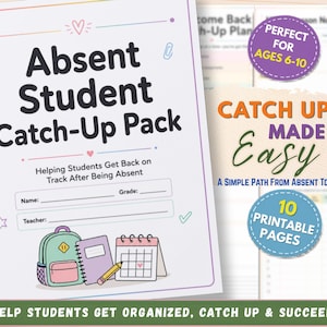 Puede incluir: Un documento Absent Student Catch-Up Pack con encuadernación en espiral, portada blanca, texto en negro, una ilustración de mochila verde, cuaderno morado, lápiz amarillo y calendario. La página incluye campos para nombre, grado y profesor.