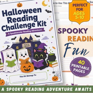 Op de afbeelding: Een spiraalgebonden Halloween-leesuitdagingskit met een witte kaft met een spookachtige bibliotheek, een zwarte kat met een heksenhoed, twee lezende spookfiguren, een pompoen en de tekst Halloween Reading Challenge Kit en This Kit Belongs To.