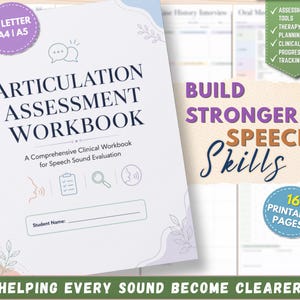 May include: A spiral-bound Articulation Assessment Workbook for speech sound evaluation. The cover features the text "US LETTER | A4 | A5", "BUILD STRONGER SPEECH Skills", and "16 PRINTABLE PAGES". It includes icons of speech bubbles, a clipboard, a magnifying glass, and a mouth.