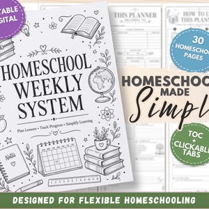 May include: A spiral-bound homeschool weekly system planner with a white cover featuring black line art of books, a globe, a calendar, and a pencil cup. The text reads Homeschool Weekly System, Plan Lessons, Track Progress, Simplify Learning.