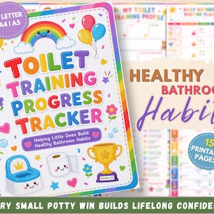 May include: A spiral-bound toilet training progress tracker with a rainbow, balloons, and a trophy graphic. The cover features the text "TOILET TRAINING PROGRESS TRACKER" and "Helping Little Ones Build Healthy Bathroom Habits" with a blue potty and toilet paper roll illustration. A circular badge indicates US Letter, A4, and A5 sizes.