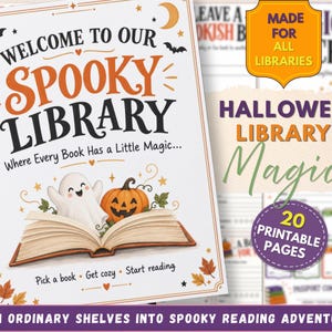 May include: A spiral-bound book cover titled Welcome to Our Spooky Library with a ghost, a jack-o'-lantern, and an open book illustration. The text reads Where Every Book Has a Little Magic, Pick a book, Get cozy, Start reading, and Halloween Library Magic.