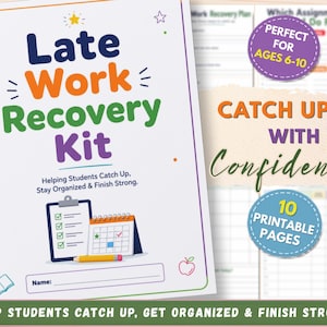 May include: A spiral-bound Late Work Recovery Kit workbook with a white cover featuring colorful text, a clipboard, a calendar, and a pencil graphic. The cover includes the text Helping Students Catch Up, Stay Organized & Finish Strong.