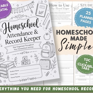 Pode incluir: Uma agenda Homeschool Attendance & Record Keeper com encadernação em espiral e ilustrações de linhas a preto e branco de um globo, microscópio, livros, mochila e blocos de alfabeto. A capa inclui campos de texto para o nome e ano letivo.