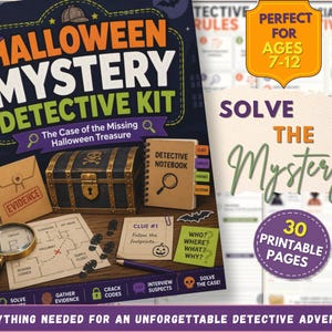 Puede incluir: Un kit de detective de misterio de Halloween con encuadernación en espiral y una cubierta oscura que muestra un cofre del tesoro, una lupa y sobres de evidencia. El texto dice Halloween Mystery Detective Kit, The Case of the Missing Halloween Treasure.
