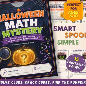 May include: A spiral-bound Halloween Math Mystery activity book with a dark cover featuring a glowing pumpkin with a question mark, a magnifying glass, and the text: Halloween Math Mystery, Can You Solve the Clues and Find the Missing Golden Pumpkin?, A Spooky Math Detective Challenge, Detective Name, and Date.