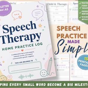 Puede incluir: Un registro de práctica en casa de terapia del habla con encuadernación en espiral, portada blanca, texto azul oscuro e ilustraciones en tonos pastel de burbujas de diálogo, estrellas y lápices. Incluye un espacio para un nombre y el texto Helping every small word become a big milestone.