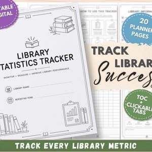 May include: A spiral-bound library statistics tracker planner with a white cover featuring black line art of books, a clipboard, and text including "Library Statistics Tracker," "Monitor, Measure, Improve Library Performance," and "20 Planner Pages."