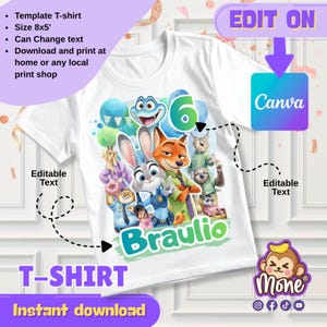 K&ouml;nnte beinhalten: Wei&szlig;es T-Shirt mit einem farbenfrohen Design von Zootopia-Charakteren, dem Namen "Braulio" und der Zahl "6". Das Shirt enth&auml;lt den Text "T-SHIRT" und "Sofort-Download".