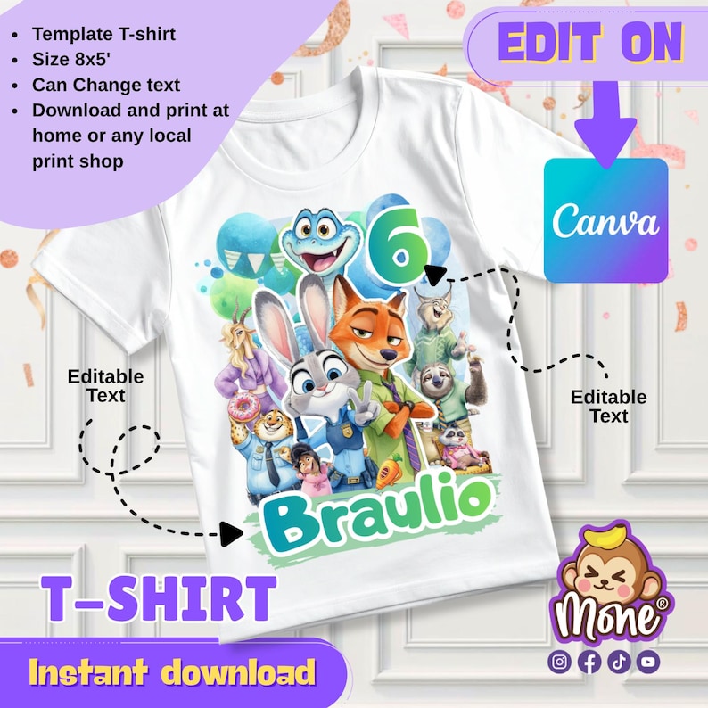 K&ouml;nnte beinhalten: Wei&szlig;es T-Shirt mit einem farbenfrohen Design von Zootopia-Charakteren, dem Namen "Braulio" und der Zahl "6". Das Shirt enth&auml;lt den Text "T-SHIRT" und "Sofort-Download".