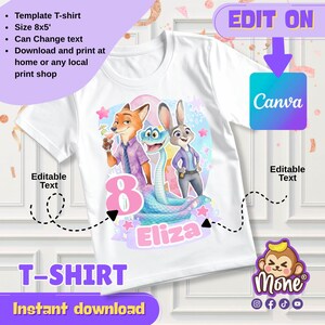 Puede incluir: Camiseta blanca con un dise&ntilde;o de dibujos animados colorido con personajes de Zootopia, incluyendo un zorro, un conejo y una serpiente. Tambi&eacute;n se muestra el n&uacute;mero 8 y el nombre "Eliza". La camiseta tiene el texto "T-SHIRT" y "Descarga instant&aacute;nea".
