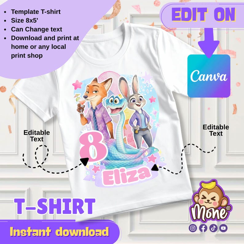 Puede incluir: Camiseta blanca con un dise&ntilde;o de dibujos animados colorido con personajes de Zootopia, incluyendo un zorro, un conejo y una serpiente. Tambi&eacute;n se muestra el n&uacute;mero 8 y el nombre "Eliza". La camiseta tiene el texto "T-SHIRT" y "Descarga instant&aacute;nea".