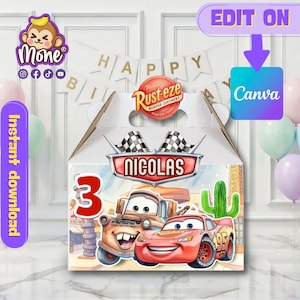 May include: A party favor box featuring the Cars characters Mater and Lightning McQueen, with the name "Nicolas" and the number "3". The box has a "Happy Birthday" banner and the text "Instant download".