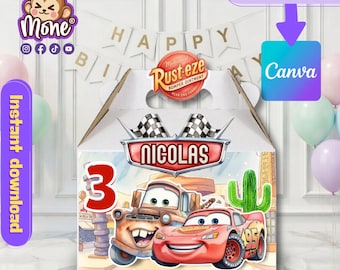 Scatola per bomboniere a tema Cars, bomboniera per feste con luci, design modificabile su Canva (download digitale) McQueen