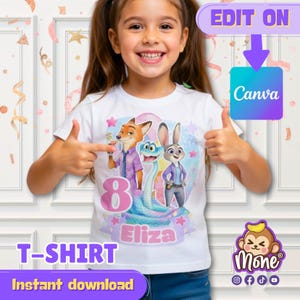 Puede incluir: Camiseta blanca con personajes de dibujos animados, el n&uacute;mero 8 y el nombre "Eliza". La camiseta tiene el texto "T-SHIRT" y "Descarga instant&aacute;nea" en la parte inferior. La esquina superior derecha tiene el texto "EDIT ON Canva".