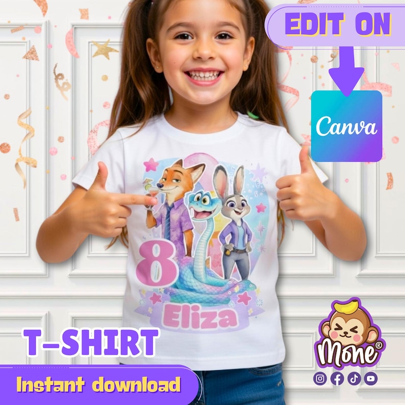 Puede incluir: Camiseta blanca con personajes de dibujos animados, el n&uacute;mero 8 y el nombre "Eliza". La camiseta tiene el texto "T-SHIRT" y "Descarga instant&aacute;nea" en la parte inferior. La esquina superior derecha tiene el texto "EDIT ON Canva".