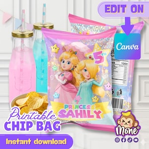 May include: A printable chip bag design featuring Princess Sahily, with a pink and purple color scheme. The design includes illustrations of two princesses, stars, and the text "5th Birthday". The image also shows drinks and chips.