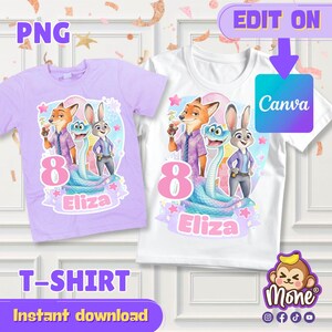 Puede incluir: Dos camisetas, una lila y otra blanca, con un gr&aacute;fico de dibujos animados. El gr&aacute;fico incluye un zorro, un conejo y una serpiente, con el n&uacute;mero 8 y el nombre "Eliza". El texto "T-SHIRT" y "Descarga instant&aacute;nea" tambi&eacute;n son visibles.