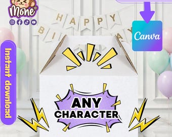 Caja de regalo personalizada para fiestas, diseño editable en Canva (descarga digital), cualquier tema.