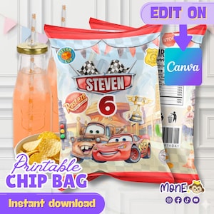 May include: A printable chip bag design featuring the characters from the movie Cars. The bag is red and white with the name "Steven" and the number "6". The words "Printable Chip Bag" and "Instant download" are also visible.