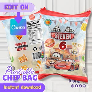 May include: Printable chip bag featuring a Cars theme. The bag has a red and white design with the text "Steven 6" and illustrations of Lightning McQueen and Mater. The bag also includes the text "Thank you for celebrating with me!" and "Instant download."
