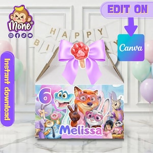 May include: A birthday gift box decorated with Zootopia characters, the number 6, and the name Melissa. The box is adorned with a purple bow and a paw-shaped lollipop. The words "Instant download" and "Edit on Canva" are also visible.
