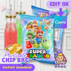 May include: A colorful design for a printable chip bag featuring Super Mario characters. The bag has a blue background with the text "8th Super Braulio" and "Printable Chip Bag". The image also includes drinks and chips.