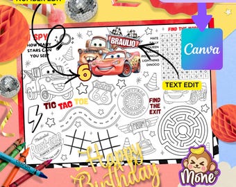 Cars Activity Mat, Lightning McQueen Coloring Pages, Instant Download (Canva Editable)