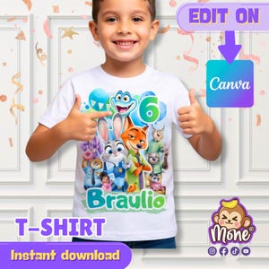 K&ouml;nnte beinhalten: Wei&szlig;es T-Shirt mit einem farbenfrohen Grafikdesign von Zootopia-Charakteren, der Zahl 6 und dem Namen Braulio. Das Shirt tr&auml;gt auch den Text "T-SHIRT" und "Sofort-Download". Das Bild enth&auml;lt eine Canva-Bearbeitungsschaltfl&auml;che und ein Logo.