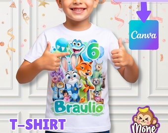 Diseño de camiseta de Zootopia, Zorro, Conejo, Policía, Animales, Plantilla para fiestas (Editable en Canva), animales del zoológico