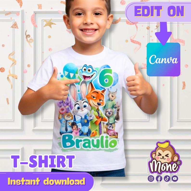 K&ouml;nnte beinhalten: Wei&szlig;es T-Shirt mit einem farbenfrohen Grafikdesign von Zootopia-Charakteren, der Zahl 6 und dem Namen Braulio. Das Shirt tr&auml;gt auch den Text "T-SHIRT" und "Sofort-Download". Das Bild enth&auml;lt eine Canva-Bearbeitungsschaltfl&auml;che und ein Logo.