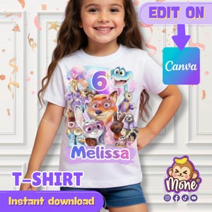 Puede incluir: Camiseta blanca con un gr&aacute;fico colorido de personajes animados, el n&uacute;mero 6 y el nombre "Melissa" en morado. La camiseta tambi&eacute;n tiene el texto "T-SHIRT" y "Descarga instant&aacute;nea" en una pancarta morada.